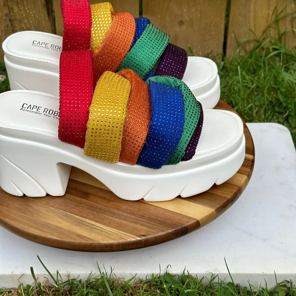 Cape Robbin Multi- Color Spandex Mid Block Heels Rhinestone Trim Sandals - Picture 9 of 10